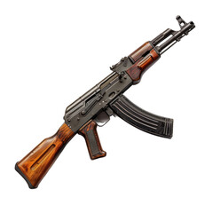 A brown AK-47 rifle is displayed on a white background