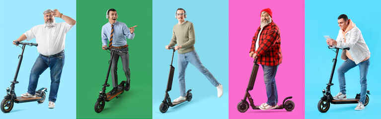 Set of people with electric kick scooters on white background