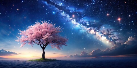 Cherry blossom tree in the sky surrounded by stars, cherry blossom, tree, sky, stars, fantasy, magical, dreamy, celestial