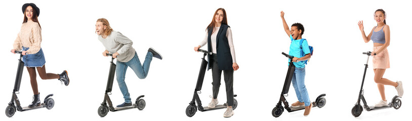 Set of people with electric kick scooters on white background