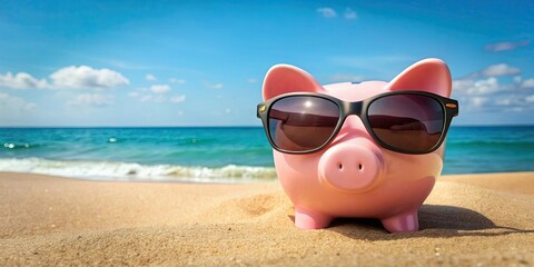 Pink piggy bank with sunglasses relaxing on the beach, looking out at the ocean, piggy bank, sunglasses, beach, ocean