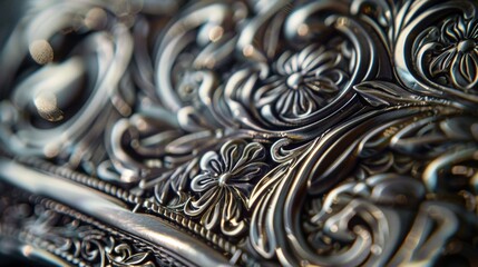 A zoomedin shot of the intricate filigree design on a silver belt buckle adding a touch of elegance to the handcrafted belt.