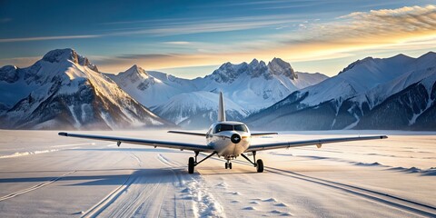 Fototapeta premium Small aircraft on snowy mountain runway, Small aircraft, runway, snowy mountains, winter, cold, aviation