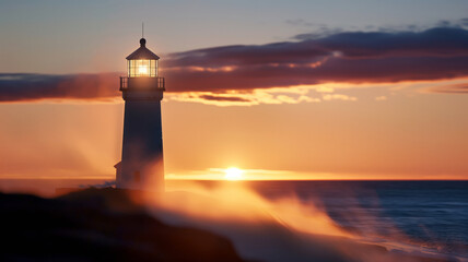 A serene image of a lighthouse standing tall against the backdrop of a beautiful sunrise, symbolizing guidance and hope.
