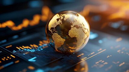 A globe partially covered in gold leaf, set against a backdrop of financial data, symbolizing the significant impact of gold on global financial systems.