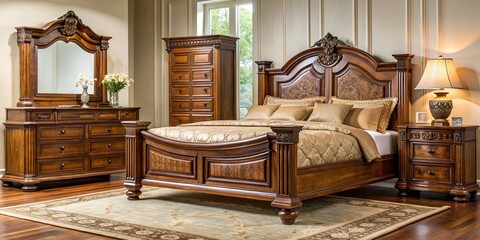 Detailed depiction of intricate wooden furniture including a beautifully crafted bed frame and chest , craftsmanship