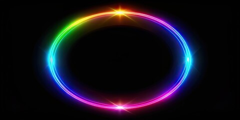 Brightly glowing colorful iridescent thin circle of light set against a black background, black hole, portal, light, colorful