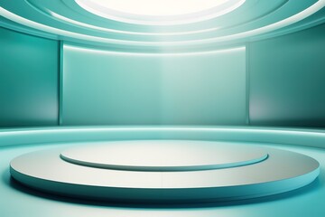 Obraz premium Abstract platform with teal walls and circular lighting.