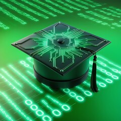 Graduate hat and diploma against digital binary code. E-learning concept design illustration. Online learning 