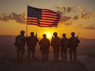 Silhouettes of Soldiers Saluting the American Flag at Sunset.