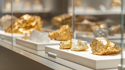 Display of golden mineral specimens in a modern exhibit, showcasing their unique textures and...