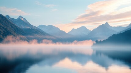 Fototapeta premium Serene Mountain Lake with Foggy Sunrise - Stunning Landscape Photography