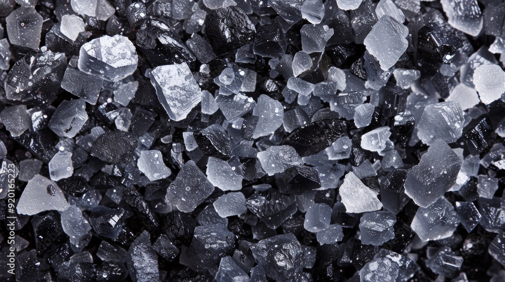 Aufkleber A close examination of grey sea salt reveals its unique blend of black white and grey crystals each with its own distinct shape and size creating a beautiful and complex mosaic.