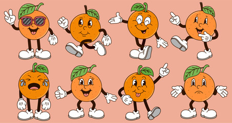 Naklejka premium Set of Funny cartoon character of Orange. Can be used as Sticker, posters, prints. The comic elements in trendy retro cartoon style. Vector illustration