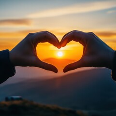 Fototapeta premium Heart Shaped Sunset - Romantic Hands Framing the Sun in the Sky