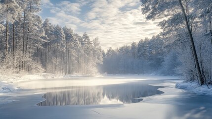 Frozen Lake in a Snowy Forest, Winter Wonderland Landscape.
