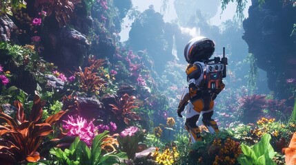 Futuristic Astronaut Exploring Alien Landscape with Vibrant Flora.