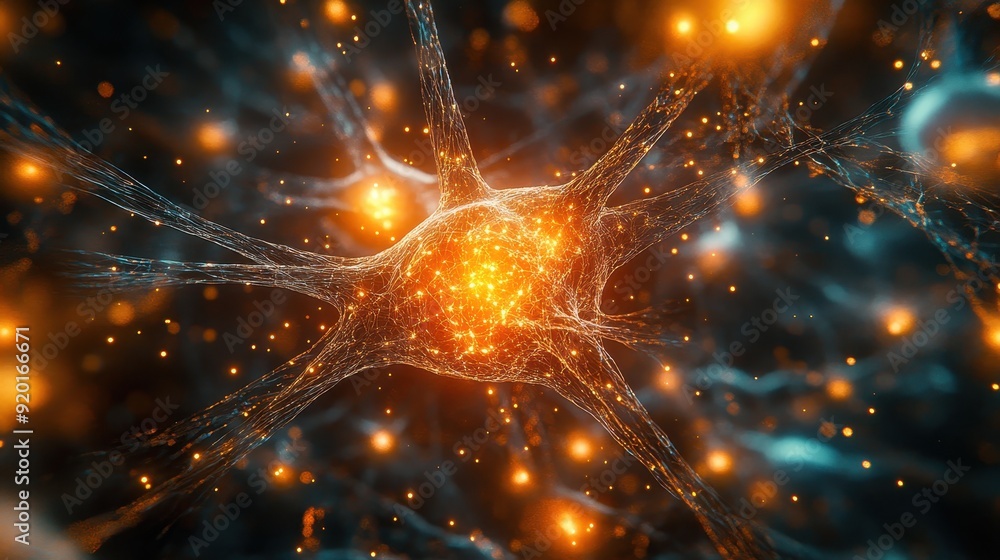 Poster abstract neuron cell - 3d illustration of a neuron with glowing synapses - science background