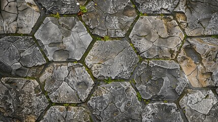 Grey worn octagonal paving slabs with earth streaks. Brutal background texture.