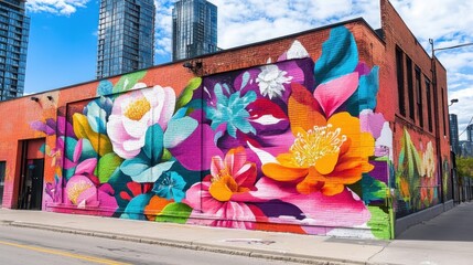 Colorful Floral Mural on Brick Wall in Urban Setting.