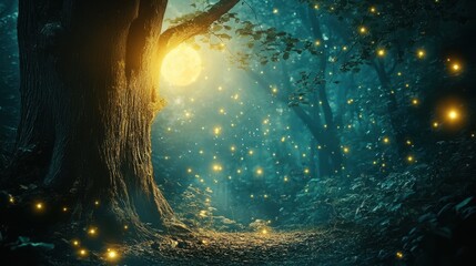 Enchanted Forest at Night with Fireflies and a Full Moon.