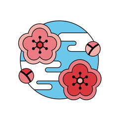 松竹梅の梅のアイコン、円形にデザインされた、レトロな梅の花のイラスト素材。