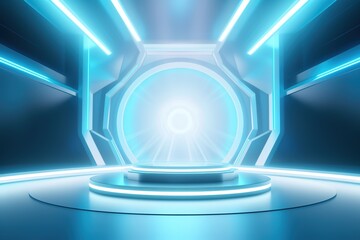 Futuristic Blue Neon Room with Circular Platform.