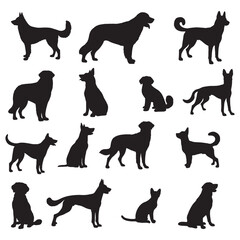set of black dogs silhouettes on white	
