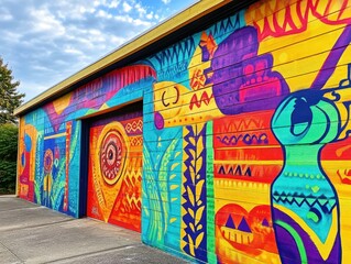 Obraz premium Colorful Abstract Graffiti Mural on Wooden Wall with Garage Door.