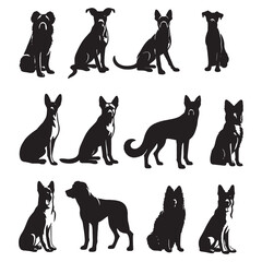 set of black dogs silhouettes on white	