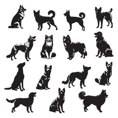 set of black dogs silhouettes on white	
