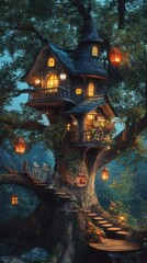 Enchanting Treehouse with Glowing Lanterns in a Mystical Forest at Night