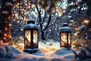 Winter Lanterns in Snowy Forest