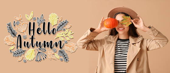 Banner with stylish young woman holding pumpkin and leaf. Hello autumn