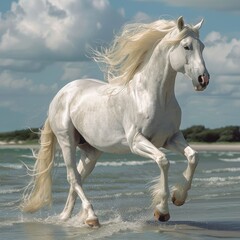 Obraz premium Majestic White Horse Prancing on Serene Beach