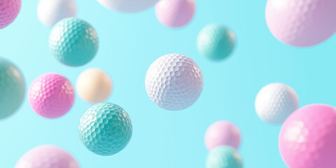 Colorful golf balls floating on a pastel blue background