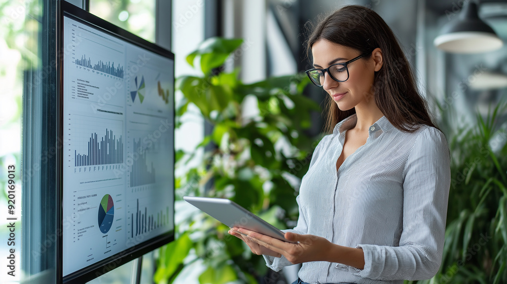 Aufkleber businesswoman using tablet analyzing financial data on interactive whiteboard