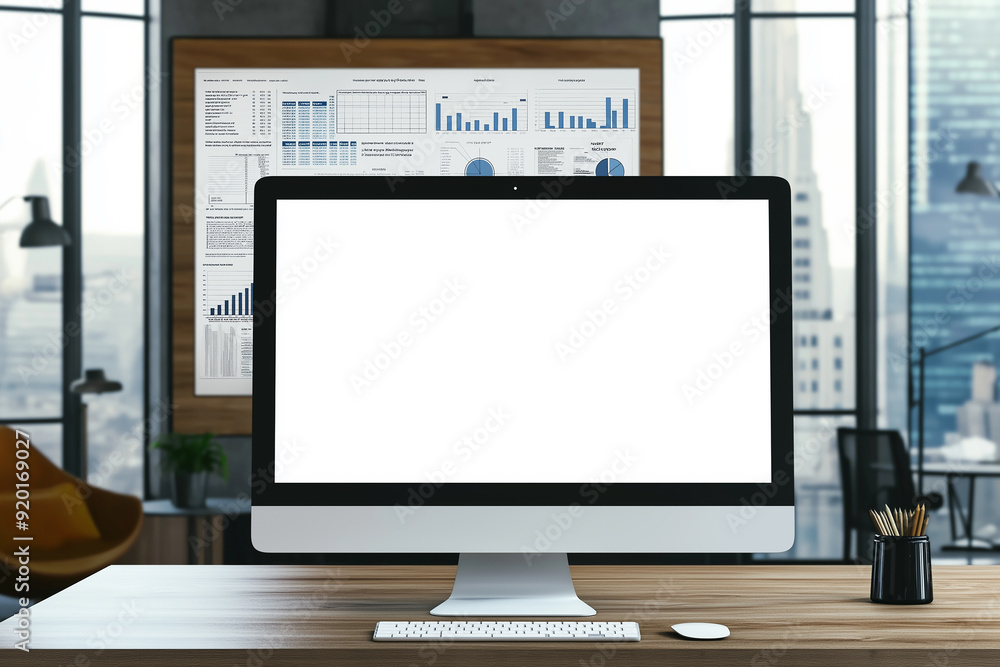 Aufkleber modern office desk with computer showing blank white screen, keyboard, mouse and charts on wall in b