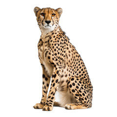 A cheetah is sitting on a white background