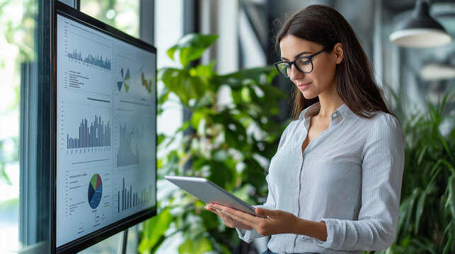 Businesswoman using tablet analyzing financial data on interactive whiteboard