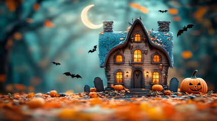 3D illustration featuring a haunted house for Halloween. Emphasize ghostly figures, skeletal motifs, and classic Halloween decor like pumpkins and bats. Include autumn leaves and a crescent moon.