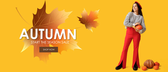 Banner for Autumn Sale with stylish young woman with pumpkins