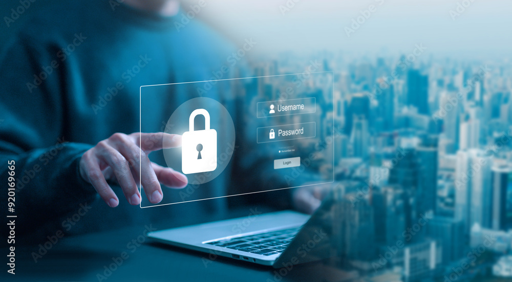 Aufkleber lock mark cyber security technology digital. cybersecurity on the internet concept, password privacy