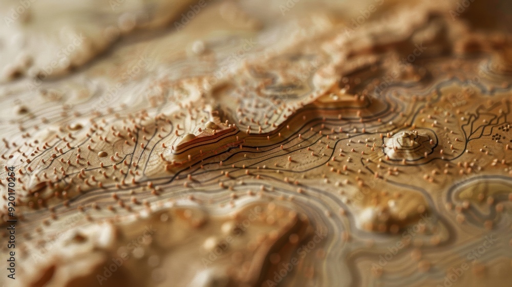 Poster a closeup of the tiny dots and lines used to represent mountain ranges and elevation on a vintage to