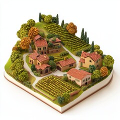 3D Render of a village surrounded by vineyards, with rustic houses, a wine cellar. Miniature, on isolated white background