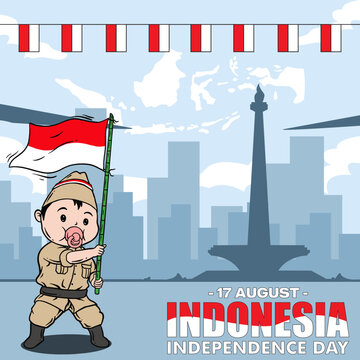 Indonesian Independence Day greeting card. With an Indonesian map in the background, the city of Jakarta, there is the writing "17th August Indonesia Independence Day", and cute hero characters. 