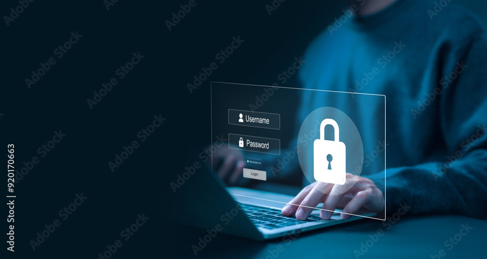 Poster lock mark cyber security technology digital. cybersecurity on the internet concept, password privacy