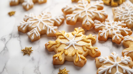 high-resolution photograph of Gilded snowflake icing cookies on white marble, soft focus background with golden bokeh, ample copy space