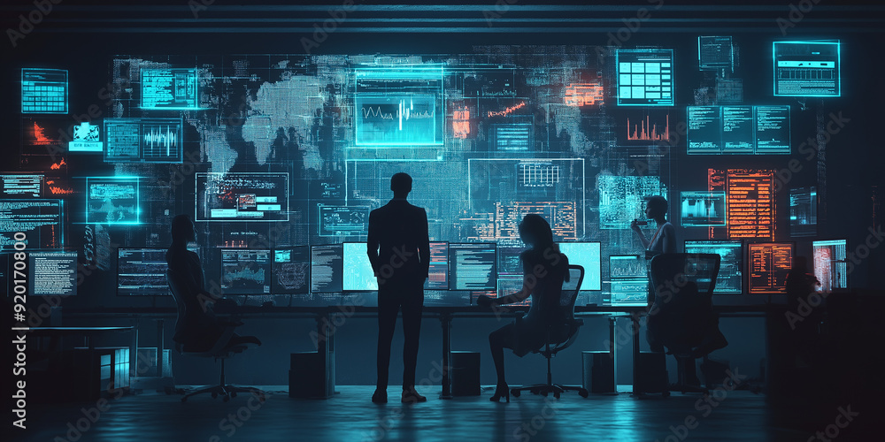 Aufkleber Business team working late analyzing big data on multiple computer screens