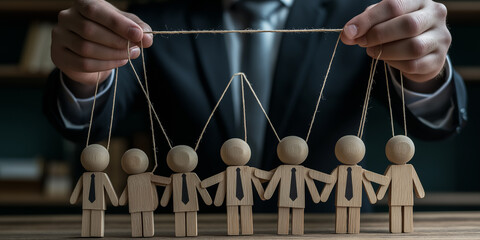Businessman controlling team of workers using string like puppets